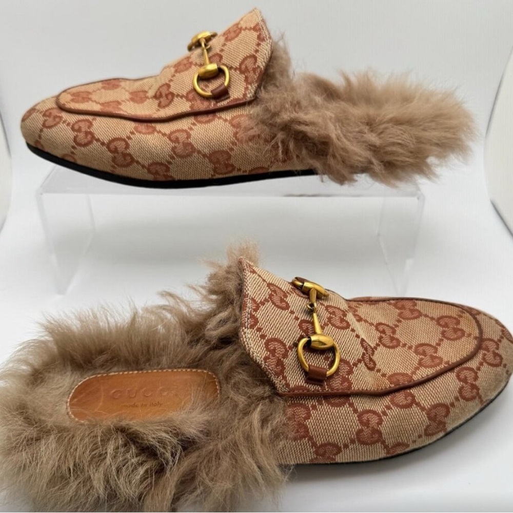 💯GUCCI Monogram Brown and Gold FUR Loafers - Picture 8 of 9